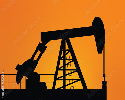 Oil Pump Jack Silhouette at Sunset: Industrial Petroleum Extraction Rig over Orange Gradient Background for Energy and Fuel Industry Design
