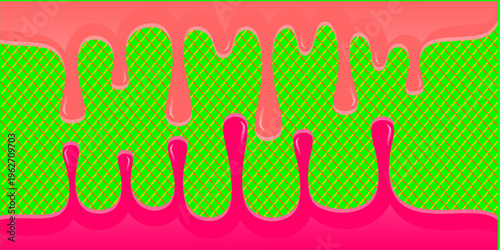 Wavy syrup illustration. Dripping candy illustration background. Pink ice cream drip illustration. Fast food caramel drip illustration. Hand-drawn milk drip on waffle background.