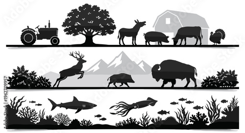Professional collection of nature silhouettes featuring farm animals, wildlife, and marine life banners isolated on white background for biological and environmental concepts.