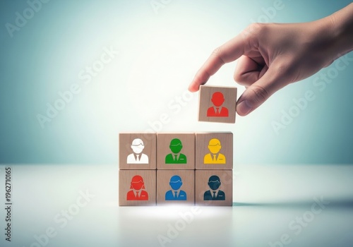 Hand placing colored wooden blocks with people icons on a table