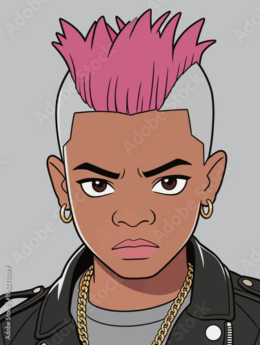 Character with pink mohawk in leather jacket shows strong expression in a cartoon style art piece