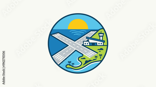 Airport Logo Featuring Runways Tower and Ocean Sunset