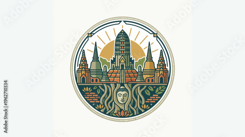 Stylized Thai Temple Complex Emblem