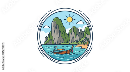 Scenic Tropical Landscape with Boat in Medallion