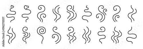 Steam and smoke icon set hand drawn doodle line set. Flowing swirls and curved lines representing aroma waves air scent. Minimal linear symbols soft motion, abstract vapor shapes and dynamic fluid