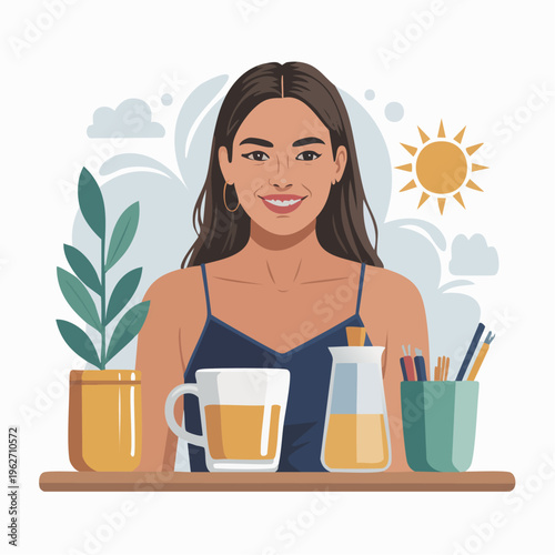 cartoon woman with tea and office supplies on desk