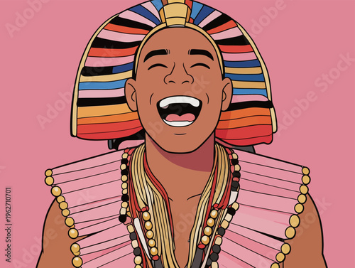 Person wearing colorful headdress and clothing smiles against a pink background during a celebration of Egyptian culture