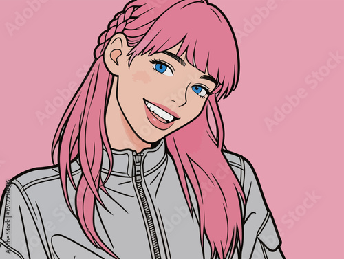 Young girl smiles with pink hair against a plain pink background while wearing a light gray jacket and enjoying the moment