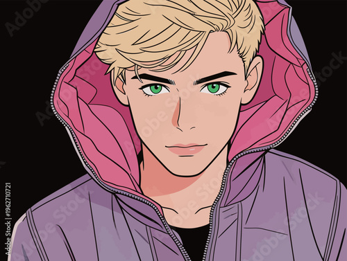 Young person with blonde hair and green eyes wearing a hooded jacket against a dark background during daytime