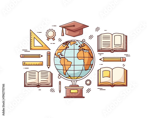 A collection of educational items arranged around a globe, including books, a graduation cap, and measuring tools.