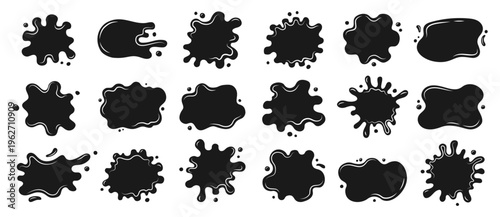 Liquid shapes and frames with uneven wavy edges set. Fluid puddles, splashes, drops, blobs and stains. Rounded watery organic forms. Smooth blotches, soft spills drips abstract shapes text backgrounds