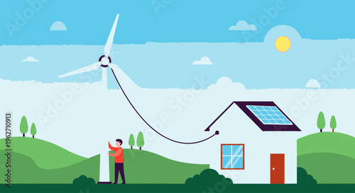 Illustration of a man connecting a wind turbine to a house with solar panels on a sunny green hillside with blue sky.