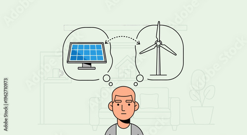Thoughtful man with ideas about solar panel and wind turbine in thought bubbles against a minimalist background with greenish tone.