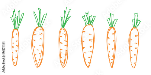 Hand drawn farm carrot plant with green leaves Fresh vegetable doodle set Healthy eco food Organic garden vegetarian food For design, print, packaging, decor, kids books