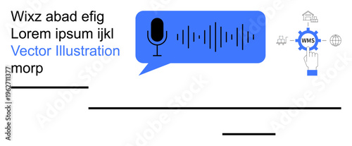 Voice recognition, automation, workflow management, digital communication, speech processing, smart technology. Blue speech bubble with microphone and soundwave. Voice recognition and automation