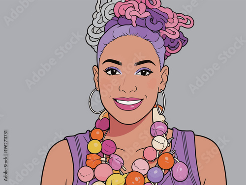 Woman with colorful hair and beads smiles against a gray background at a lively festival event during the day in a vibrant city