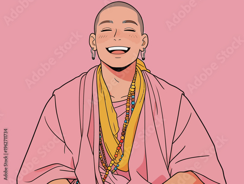 Monk smiles while sitting in a simple pose in front of a pink background during a quiet moment