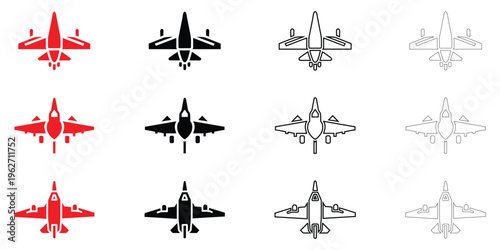 Modern fighter jet icon vector set, military aircraft fighter jet vector, silhouette and line art illustration