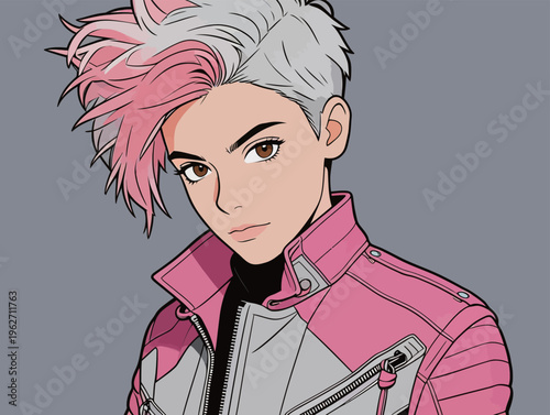 Young person with short hair and a pink jacket poses against a gray background while looking directly at the viewer with confidence