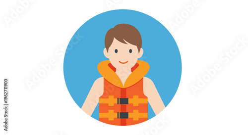 Boy wearing orange life jacket.