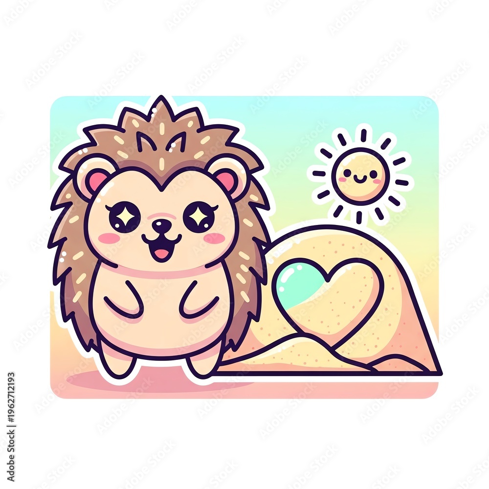 Naklejka premium Cute Hedgehog with Heart and Sun.