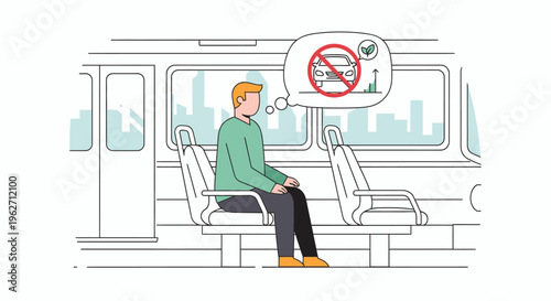An illustration of a man sitting alone on a subway seat with a thought bubble showing a no smoking sign.