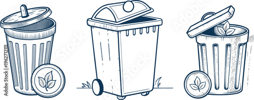 Three illustrated trash cans with lids and recycling emblems shown