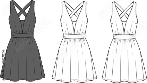Set of fashion illustration of dresses woman clothing evening wear cocktail dress.