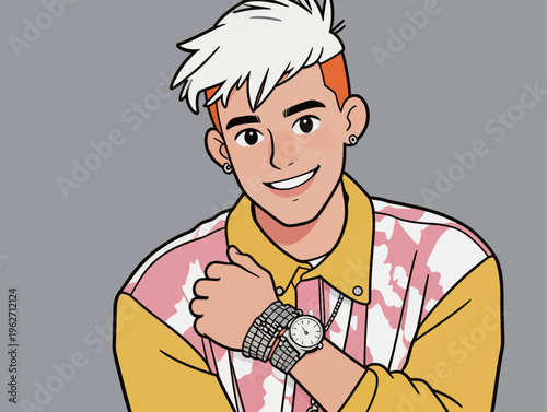 Young man with orange hair and colorful shirt posing with wristwatch and bracelets in a simple background setting