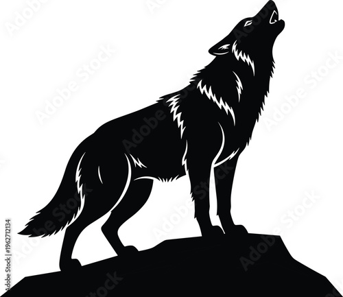 Silhouette of wolf howling on rock artistic graphic design vector.