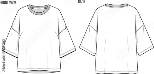 Front and back view of white t-shirt, 3/4 sleeve, round neckline, loose fit, fashion flat sketch.