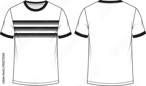Front and back view of white t-shirt with black striped detail on chest and black collar and sleeves.