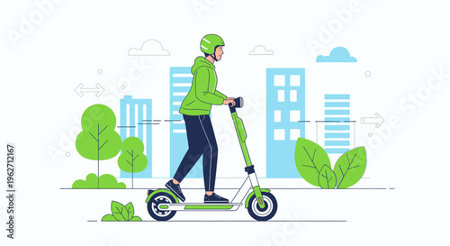 A person wearing a green helmet and hoodie rides an electric scooter in front of a city skyline with trees and buildings in a flat, illustrative style with a clean and modern mood.