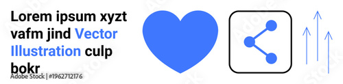 Social media, love, connectivity, communication, technology, progress. A blue heart, a sharing icon inside a square and three upward arrows. Social media and love concept