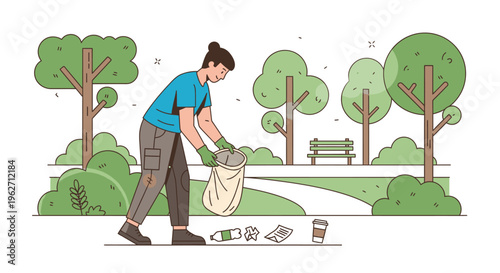 Man picking up trash in a park with trees and a walking path, conveying an eco-friendly and responsible mood.