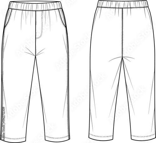 Front and back view of fashionable cropped pants with elastic waistband and pockets, technical drawing.