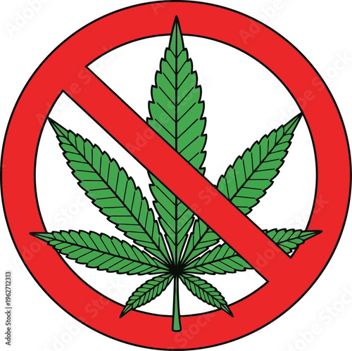 Prohibition sign with cannabis marijuana leaf illustration representing illegal drug use and ban concept design