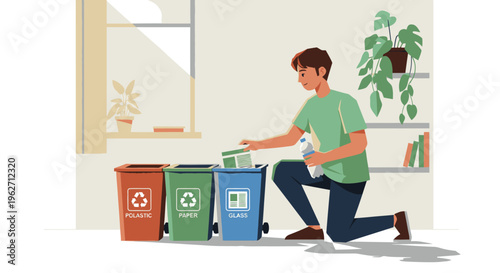 Man kneeling while putting a paper in a recycling bin at home with a plant and bookshelf in the background.