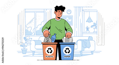 Illustration of a man separating recyclables into plastic and paper bins in a living room with a blue line drawing background.