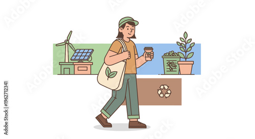 Illustration of a man walking with a reusable bag and coffee cup, surrounded by eco-friendly elements like solar panels and plants.