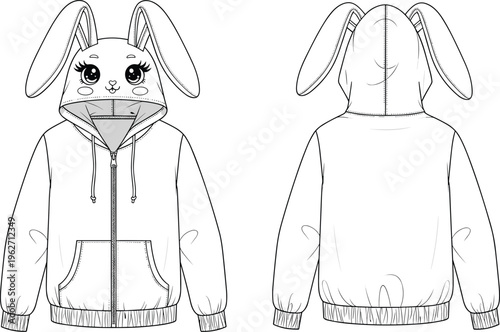 Bunny hoodie for kids with front and back views, zipper and pocket details.