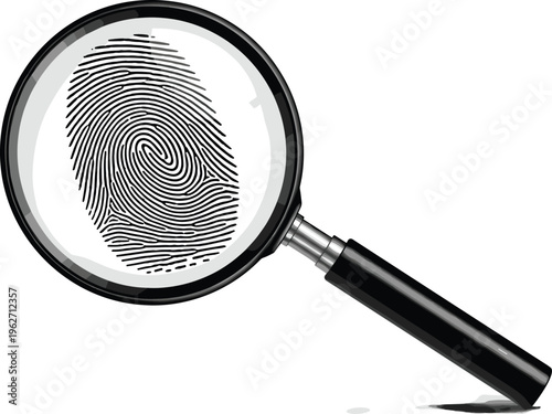 Magnifying glass over fingerprint, symbol of investigation and discovery.