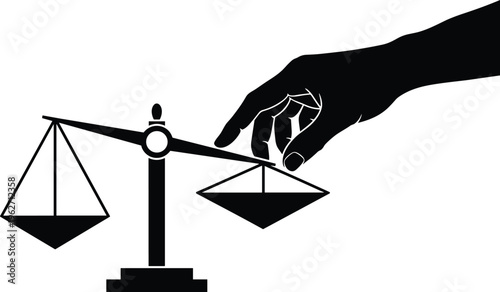 Justice scales with hand symbolizing balance and fairness.