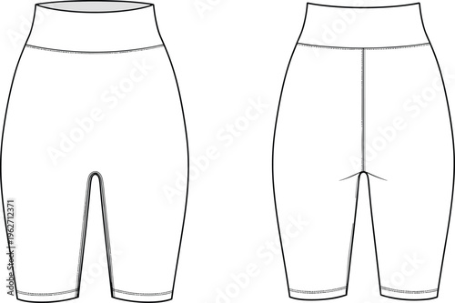 Technical drawing of womens high waisted biker shorts front and back view.