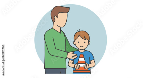 Father and son standing together smiling.