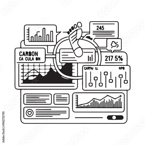 Black and white line drawing of a computer screen with various graphs and charts related to carbon calculation and climate change  eco friendly infographic