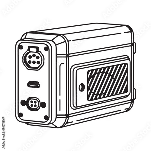 Detailed illustration of a small electronic device with various ports and a vented side panel shown from an angle