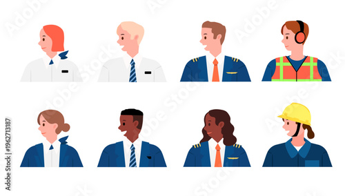 A flat vector illustration of 8 airline staff avatars featuring pilots, flight attendants, and airport ground crew in uniforms.