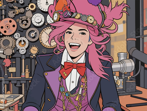 Person with pink hair wearing a colorful outfit in a workshop full of gadgets and gears during the daytime