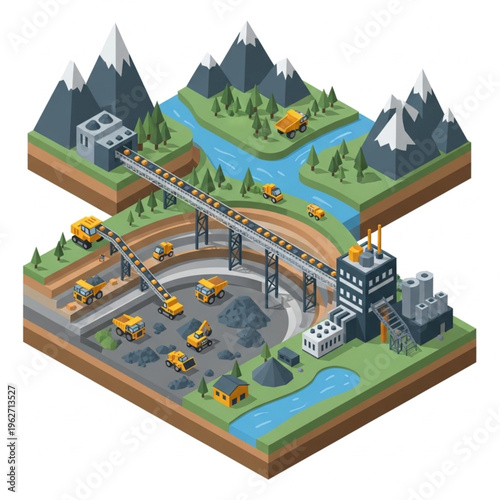 Isometric Coal Mine Operation with Conveyor Belts and Heavy Machinery.